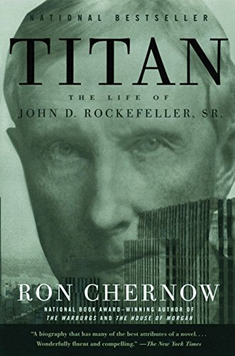 Black and white photo of John D. Rockefeller with book title and author text overlay.