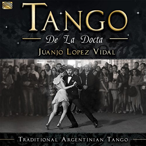 Black and white photo of a tango couple dancing before a crowd.