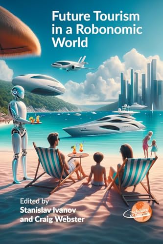 Book cover: futuristic beach scene with robot, planes, and yachts.