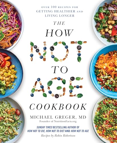 Cookbook cover with colorful vegetable arrangements spelling "NOT TO AGE".