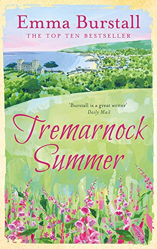Book cover illustration featuring pink foxgloves in the foreground and a coastal village scene.