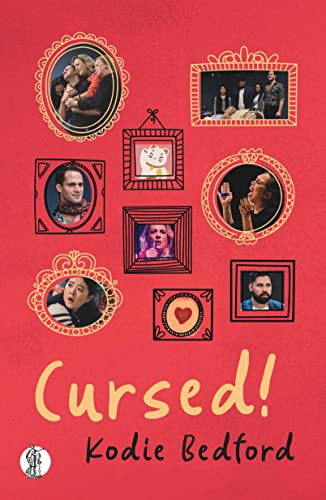 Book cover: red background with framed portraits and the title "Cursed!".