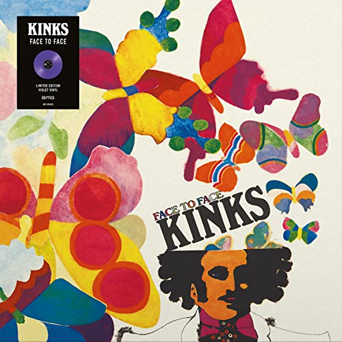 Album cover for The Kinks Face to Face featuring colorful butterflies and a man's head.
