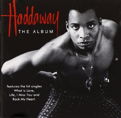 Black and white portrait of Haddaway on his music album cover with red text.
