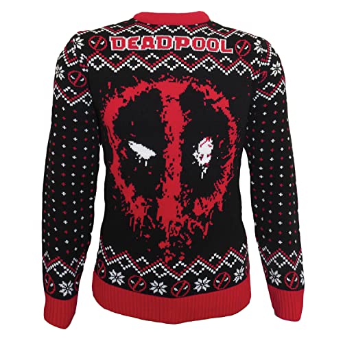 Black and white knitted jumper with a large red Deadpool face.