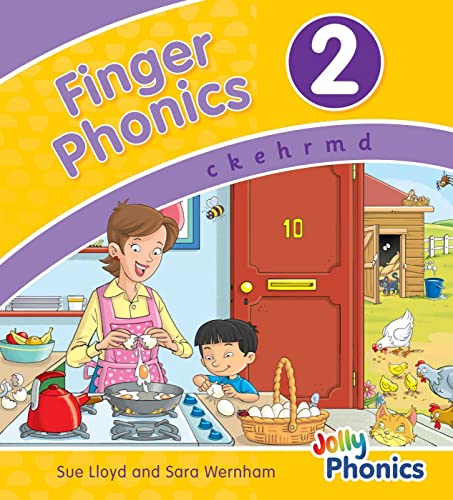 Colourful children's workbook with phonics exercises, precursive text, illustrations, and finger placement guides.