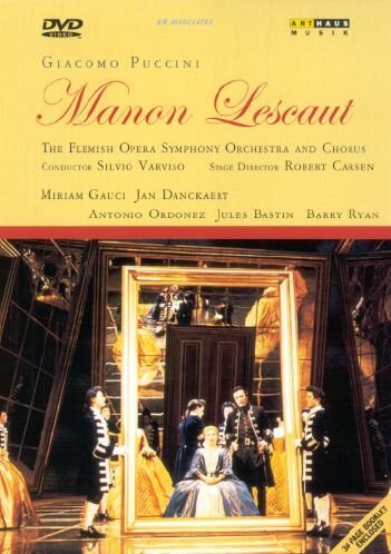 DVD cover for Puccini’s “Manon Lescaut” opera, featuring performers onstage.