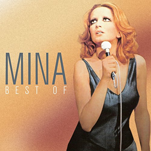 Singer Mina holding a microphone against a gradient orange and brown background.