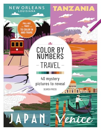 Colorful travel-themed activity book with 40 numbered pictures to color and reveal.