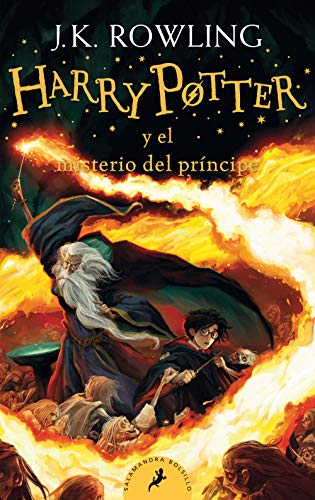 Book cover of Harry Potter and the Half-Blood Prince featuring Dumbledore and Harry amidst flames.