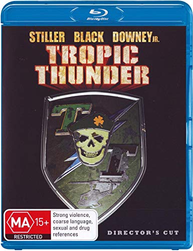 Tropic Thunder" Blu-ray cover with skull and crossbones military insignia.
