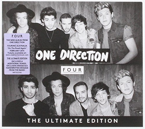 One Direction's "Four" album cover, black and white with band members' portraits.
