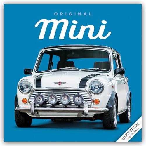 Square wall calendar featuring a classic white Mini Cooper on blue background.