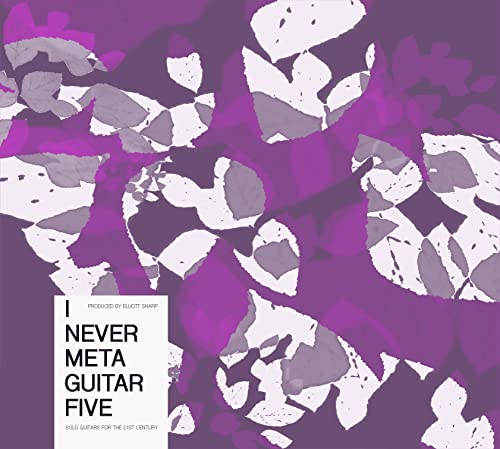 Purple album cover with abstract white shapes and text: "Never Meta Guitar Five".