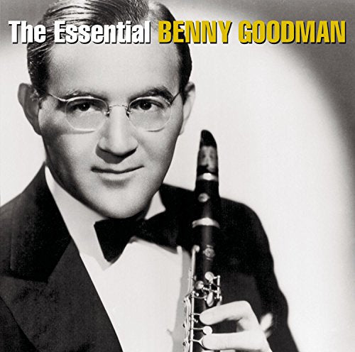 Benny Goodman in a suit holding a clarinet, album cover art.