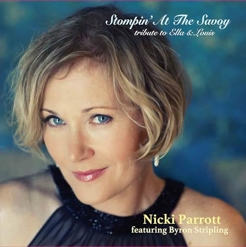 Close-up portrait of Nicki Parrott, album cover for “Stompin’ At The Savoy.”