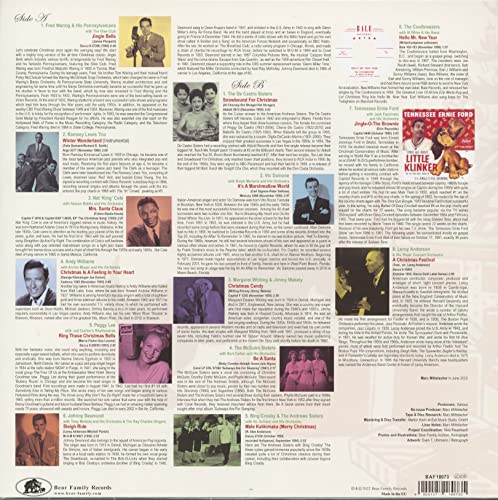 Back cover of a vinyl record featuring track lists, artist photos, and biographical text.