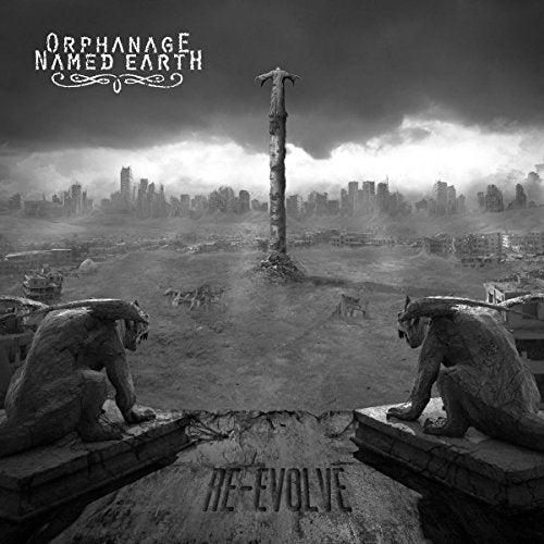 Black and white album cover with gargoyles, ruins, and a distant city.
