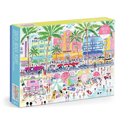Colorful South Beach Miami scene with Art Deco buildings and a busy beach.
