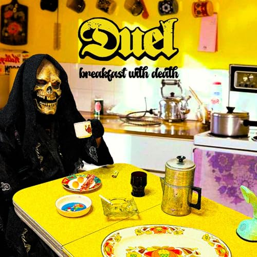 Vinyl album cover: skeleton at a kitchen table, eating breakfast.