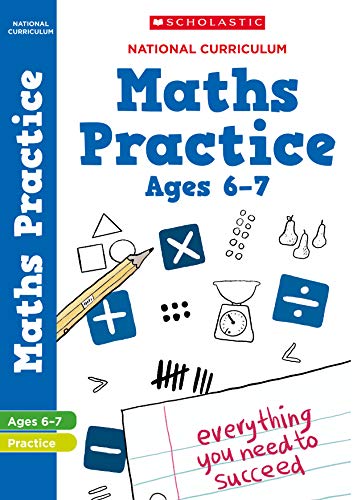 Blue maths practice book cover with shapes, pencil, and scales illustration.