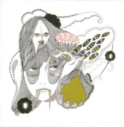 Surreal illustration of a woman with flowers and abstract shapes.