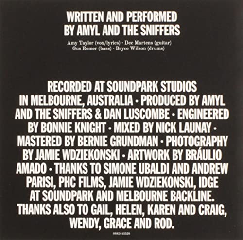WhiteCC-back cover of Amyl & The Sniffers CD withSBS with white credits text.