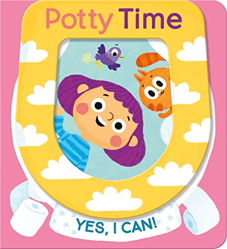 Yellow potty seat with a girl, cat, and bird illustration.