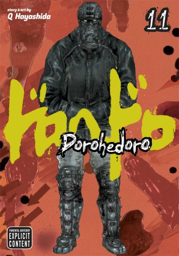 Man in black jacket and robotic legs on orange background with yellow graffiti text.