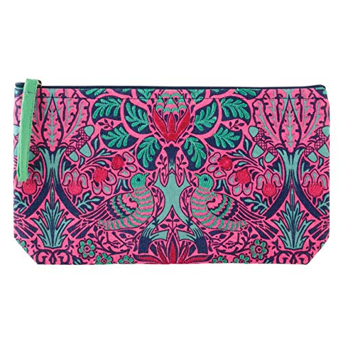 Pink and teal embroidered pouch with doves and roses pattern.