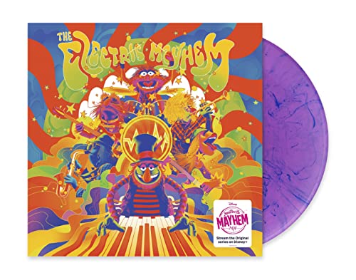 Colorful Muppet characters on psychedelic album cover with purple vinyl record partially shown.