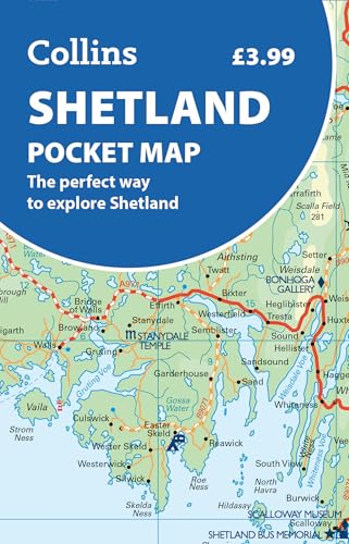 Close-up of a folded Shetland Islands pocket map with roads and place names.
