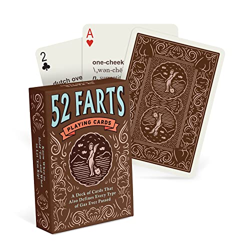 A deck of 52 Farts playing cards with brown packaging and illustrated playing cards.