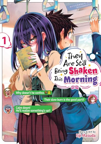 Manga cover featuring two young people on a crowded train, blushing.