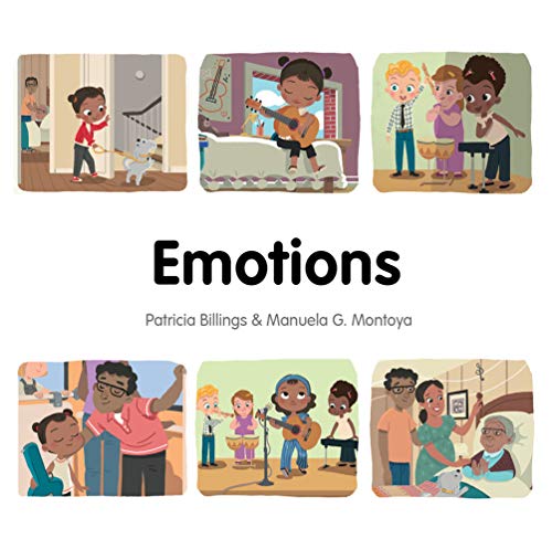 Children's book cover, "Emotions," with colorful illustrations of kids and music.