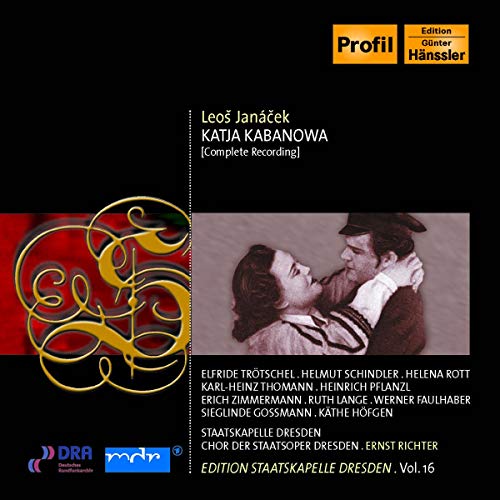 CD cover for Janacek’s *Katja Kabanowa* opera, featuring a couple embracing.