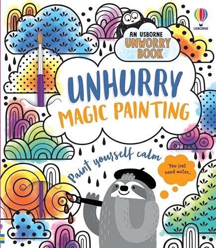 Cover of Unhurry Magic Painting book featuring a sloth painting colorful abstract cloud patterns.