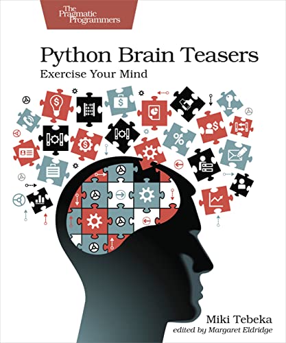 Book cover: “Python Brain Teasers” with a brain-shaped puzzle illustration.