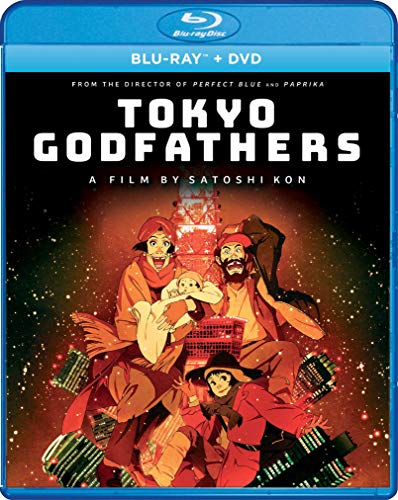 Tokyo Godfathers Blu-ray cover featuring three animated characters and city lights.