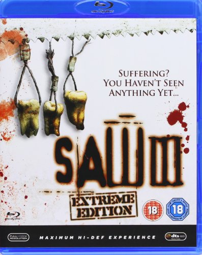 Blu-ray cover for horror film "Saw III" with teeth and blood splatter.