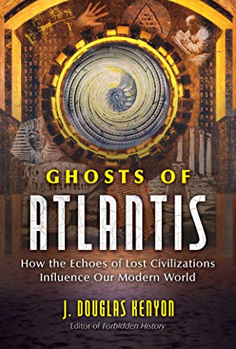 Book cover for "Ghosts of Atlantis" featuring a spiral and ancient imagery.