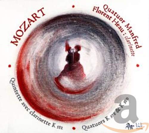 CD cover for Mozart’s Clarinet Quartets & Quintets, abstract red and grey design.