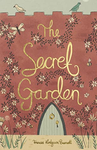 Book cover for The Secret Garden featuring a red wall, flowers, birds, and door.
