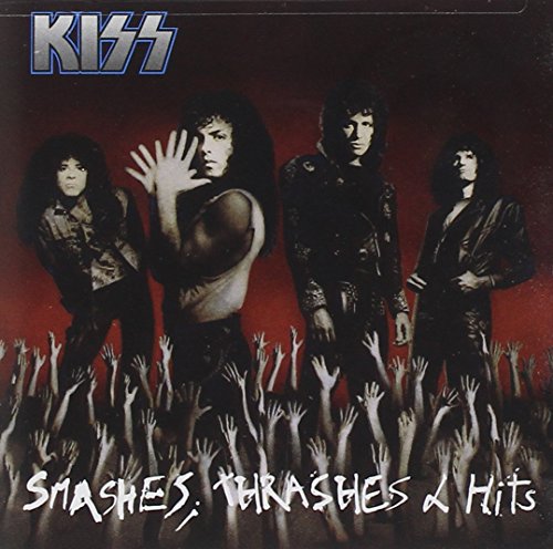 Kiss band members in dark clothing, reaching hands below album title.