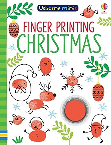 Usborne Minis book cover with finger-printed Christmas characters and red paint.