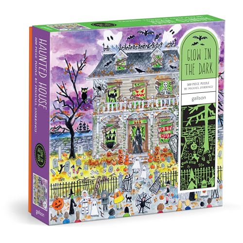 Haunted house puzzle box with ghosts, pumpkins, and a spooky yard scene.