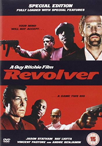 DVD cover for "Revolver" featuring actors with guns, red background.
