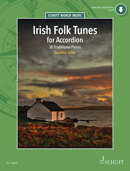 Sheet music cover: “Irish Folk Tunes for Accordion” with a rural landscape.