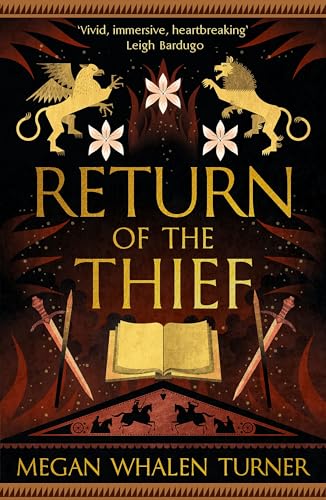 Book cover for Return of the Thief featuring gold mythical creatures, swords, and an open book.