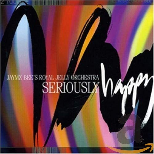 CD cover with abstract black brushstrokes and colorful rainbow background.